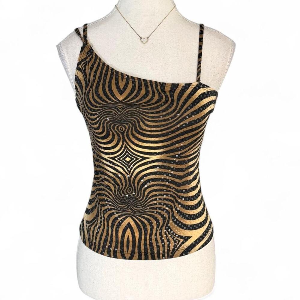 Y2K gold/black zebra print sequin cami top rhinestones size small early 2000s